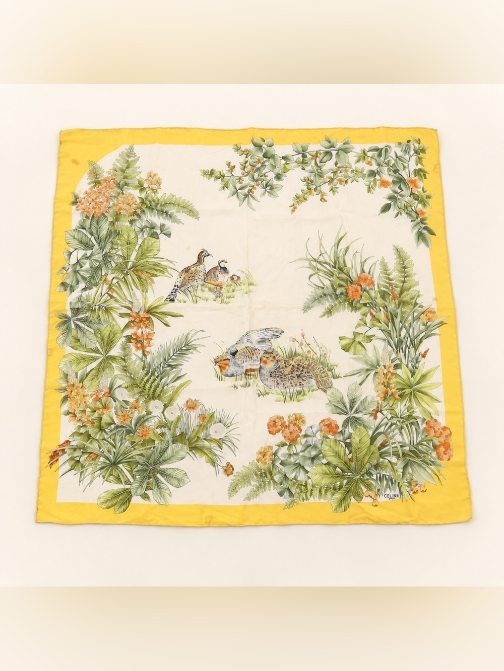 Vintage Celine Paris Yellow Silk Game Bird Floral Botanical Scarf